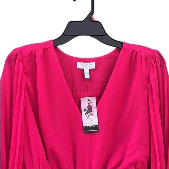 Sofia Jeans V-Neck Sheer Top with Pleated Sleeves Size M - Picture 3 of 9